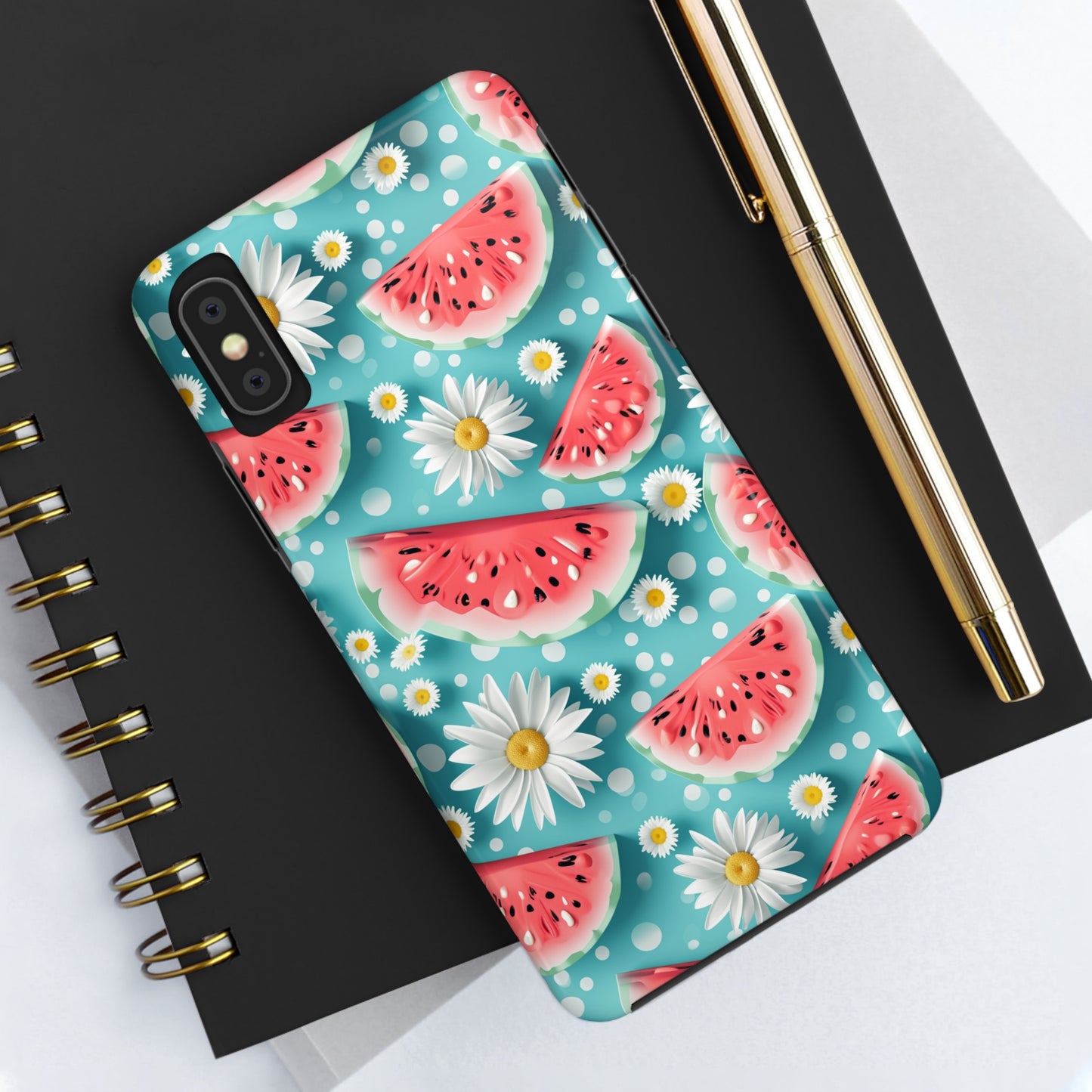 Watermelon Slices and Daisies Digital print Design Tough Phone Case compatible with a large variety of iPhone models, Gift, Phone Case