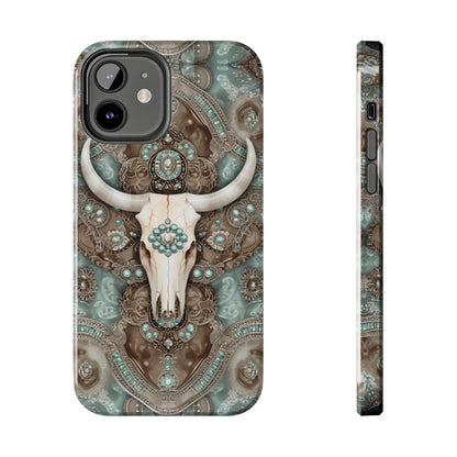 Western Cow Skull and Turquoise print design Phone Case- Lightweight, Impact Resistant Cover for iPhone 6, 6s, 12, 13, 14, 15