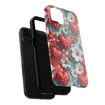 White Flowers Red Polka Dot Hearts Digital print Design Tough Phone Case compatible with a large variety of iPhone models, Gift, Phone Case