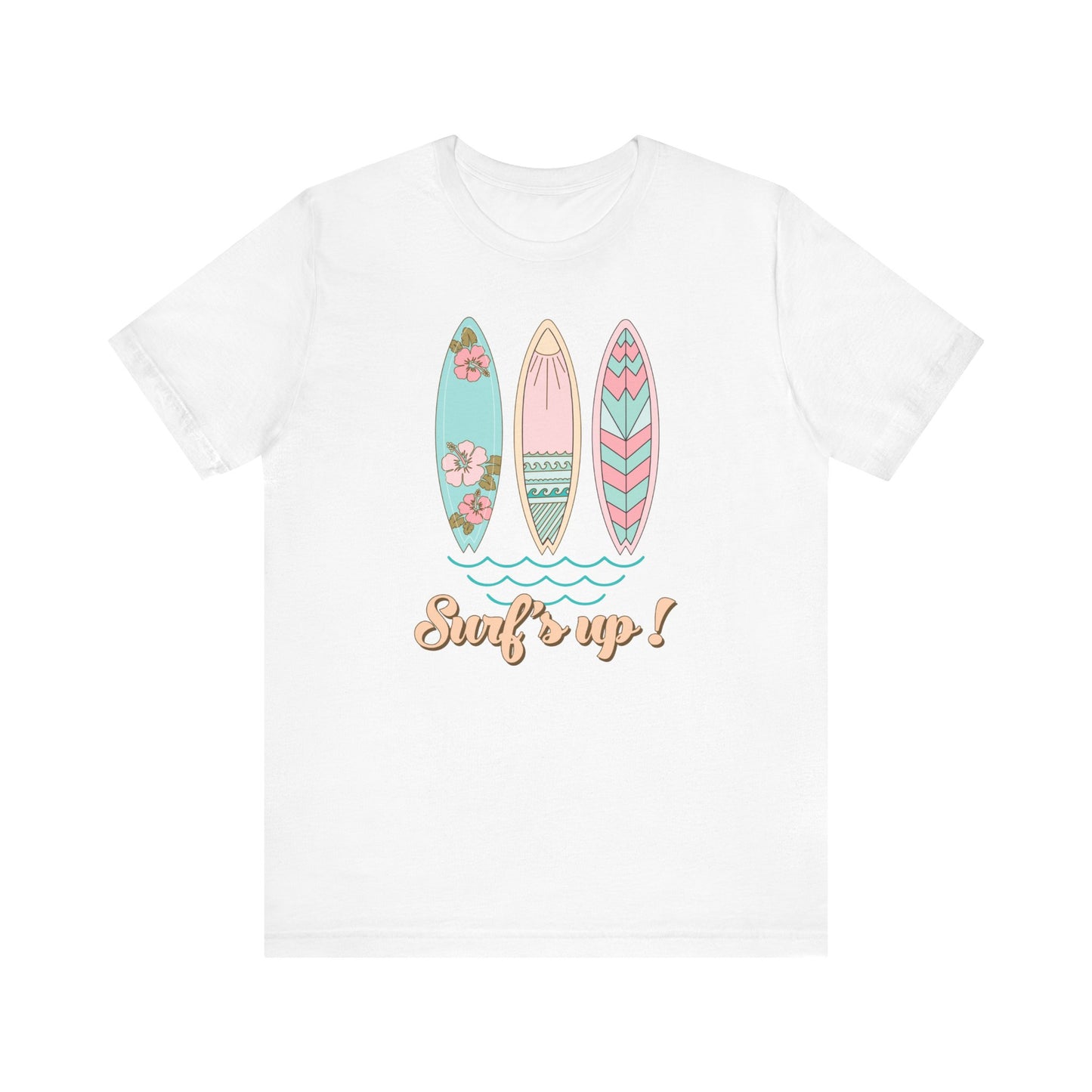 Surf's Up T-Shirt, Beach Lover Graphic Tee, Summer Surfboard Design, Tropical Floral Print