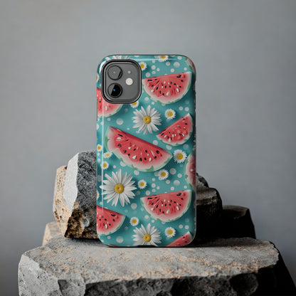 Watermelon Slices and Daisies Digital print Design Tough Phone Case compatible with a large variety of iPhone models, Gift, Phone Case