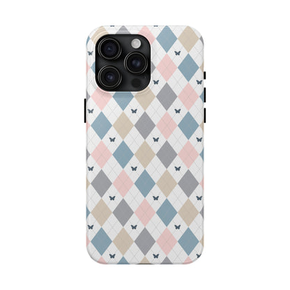 Argyle Pastel Plaid and Butterflies print design Tough Phone Case compatible with a large variety of iphone models