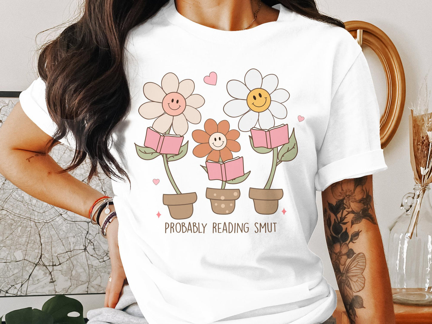 Whimsical Flower Pots Reading Smut Novel T-Shirt, Cute Book Lover Tee, Quirky Plant Illustration, Fun Casual Women's Clothing