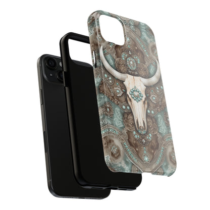 Western Cow Skull and Turquoise print design Phone Case- Lightweight, Impact Resistant Cover for iPhone 6, 6s, 12, 13, 14, 15