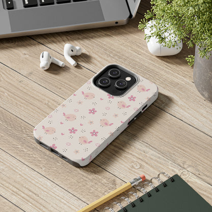 Cute Pink Birds and Flowers print design Tough Phone Case compatible with a large variety of iphone models