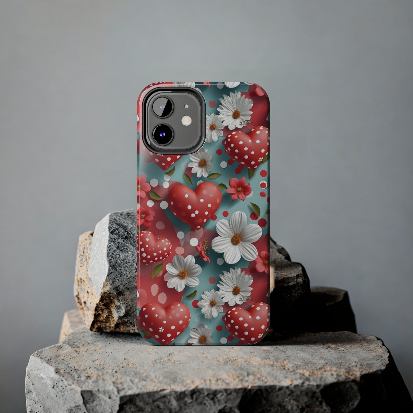 White Flowers Red Polka Dot Hearts Digital print Design Tough Phone Case compatible with a large variety of iPhone models, Gift, Phone Case