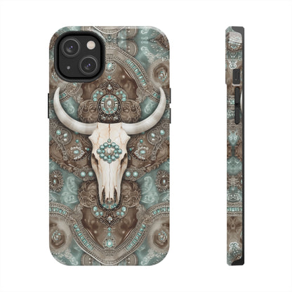 Western Cow Skull and Turquoise print design Phone Case- Lightweight, Impact Resistant Cover for iPhone 6, 6s, 12, 13, 14, 15