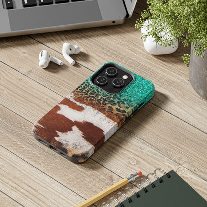 Western Cow Print, Teal, and Leopard print Design Phone Case- Lightweight, Impact Resistant Cover for iPhone 6, 6s, 12, 13, 14, 15