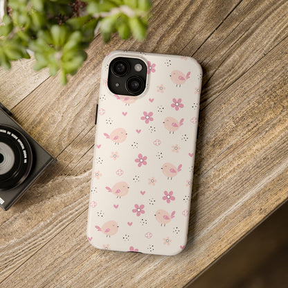 Cute Pink Birds and Flowers print design Tough Phone Case compatible with a large variety of iphone models