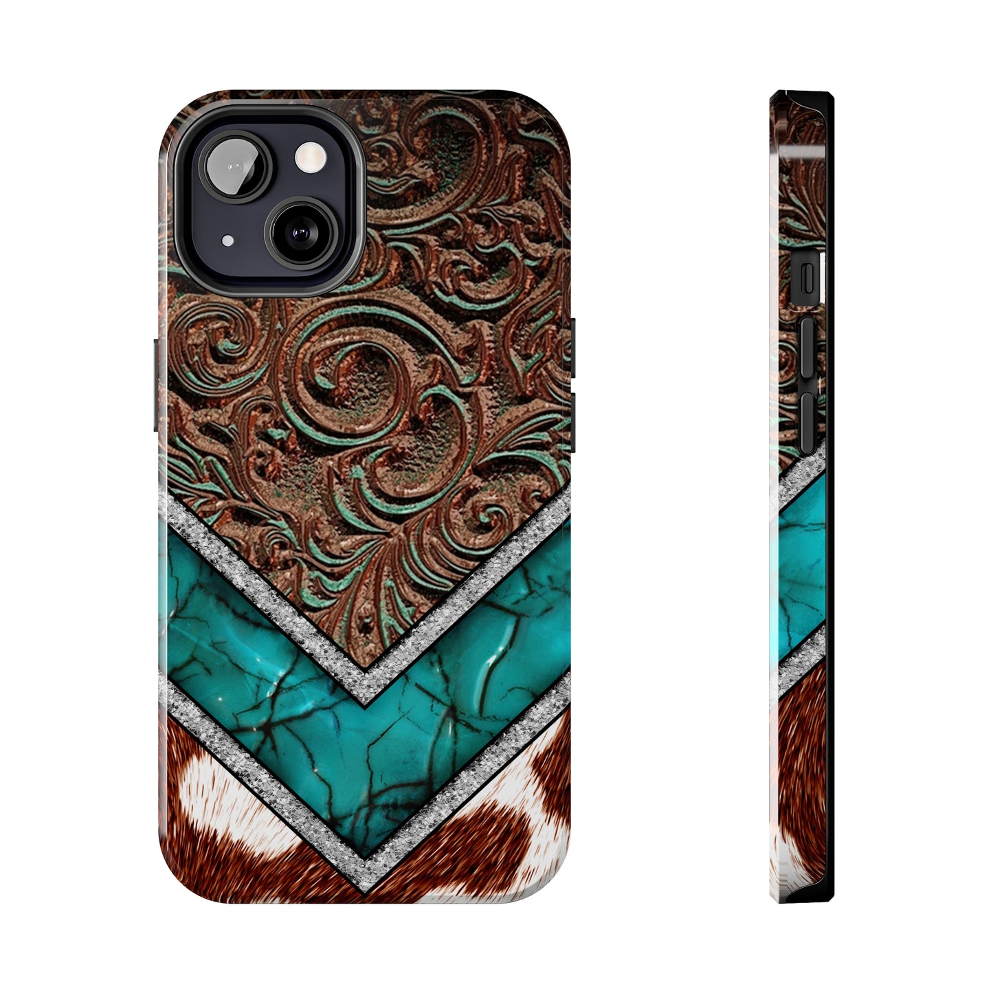 Western Cow Print, Faux Turquoise and Leather Digital print design Phone Case- Lightweight, Impact Resistant Cover for iPhone 6, 6s, 12, 13, 14, 15