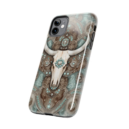 Western Cow Skull and Turquoise print design Phone Case- Lightweight, Impact Resistant Cover for iPhone 6, 6s, 12, 13, 14, 15