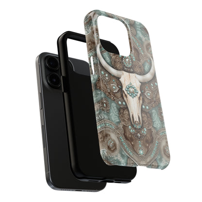 Western Cow Skull and Turquoise print design Phone Case- Lightweight, Impact Resistant Cover for iPhone 6, 6s, 12, 13, 14, 15