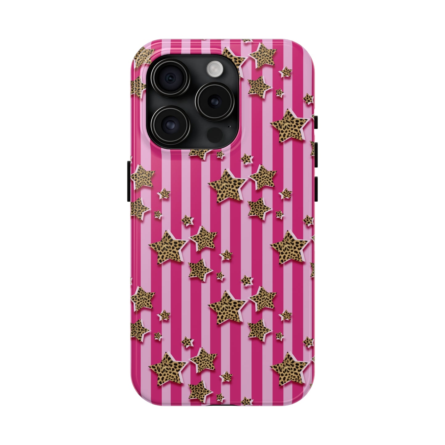 Girly Cheetah Stars and Pink Stripes Design Phone Case- Lightweight, Impact Resistant Cover for iPhone 6, 6s, 12, 13, 14, 15