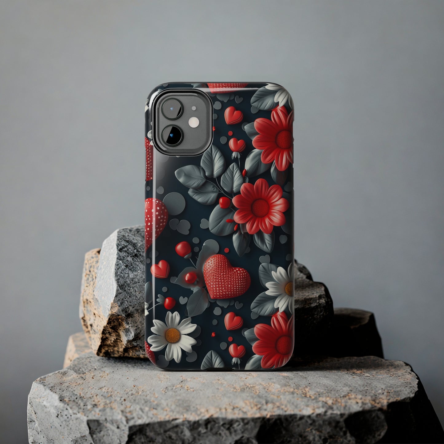 3D Flowers and Red Hearts Digital print Design Tough Phone Case compatible with a large variety of iPhone models, Gift, Phone Case