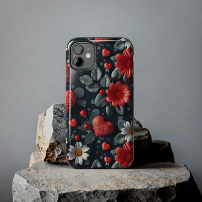 3D Flowers and Red Hearts Digital print Design Tough Phone Case compatible with a large variety of iPhone models, Gift, Phone Case