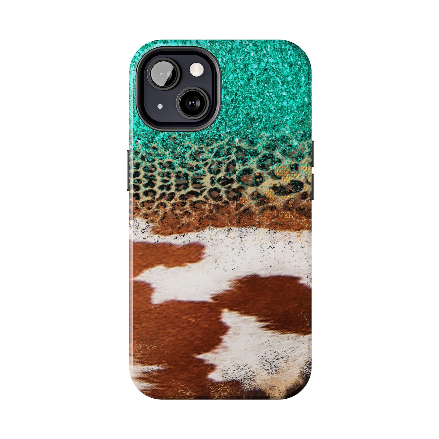 Western Cow Print, Teal, and Leopard print Design Phone Case- Lightweight, Impact Resistant Cover for iPhone 6, 6s, 12, 13, 14, 15