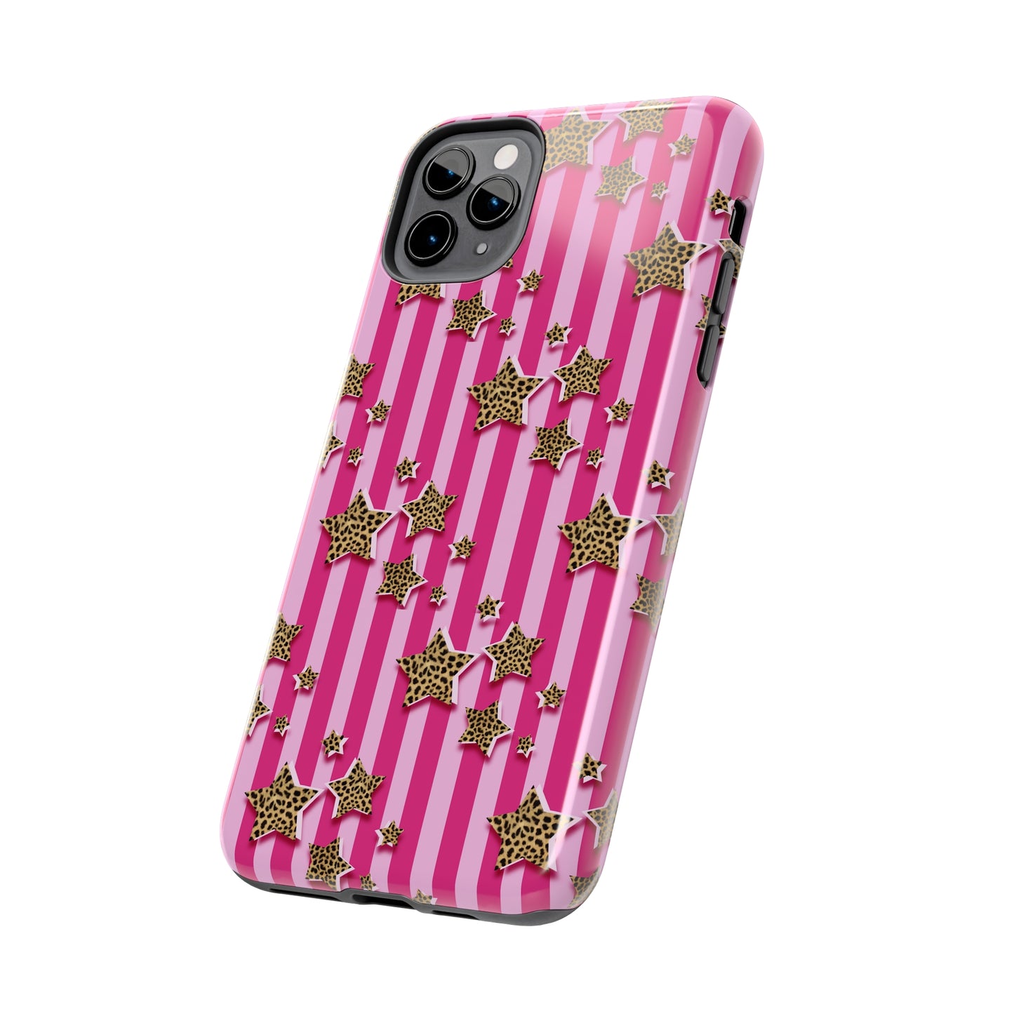 Girly Cheetah Stars and Pink Stripes Design Phone Case- Lightweight, Impact Resistant Cover for iPhone 6, 6s, 12, 13, 14, 15