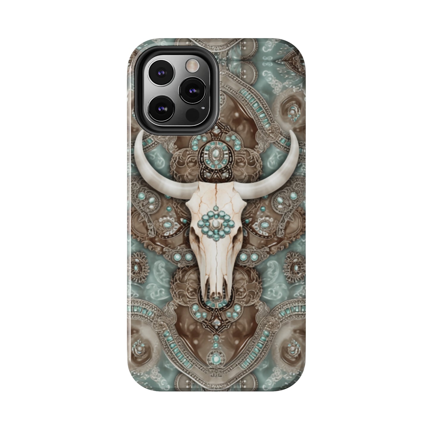 Western Cow Skull and Turquoise print design Phone Case- Lightweight, Impact Resistant Cover for iPhone 6, 6s, 12, 13, 14, 15