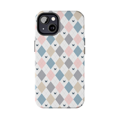 Argyle Pastel Plaid and Butterflies print design Tough Phone Case compatible with a large variety of iphone models