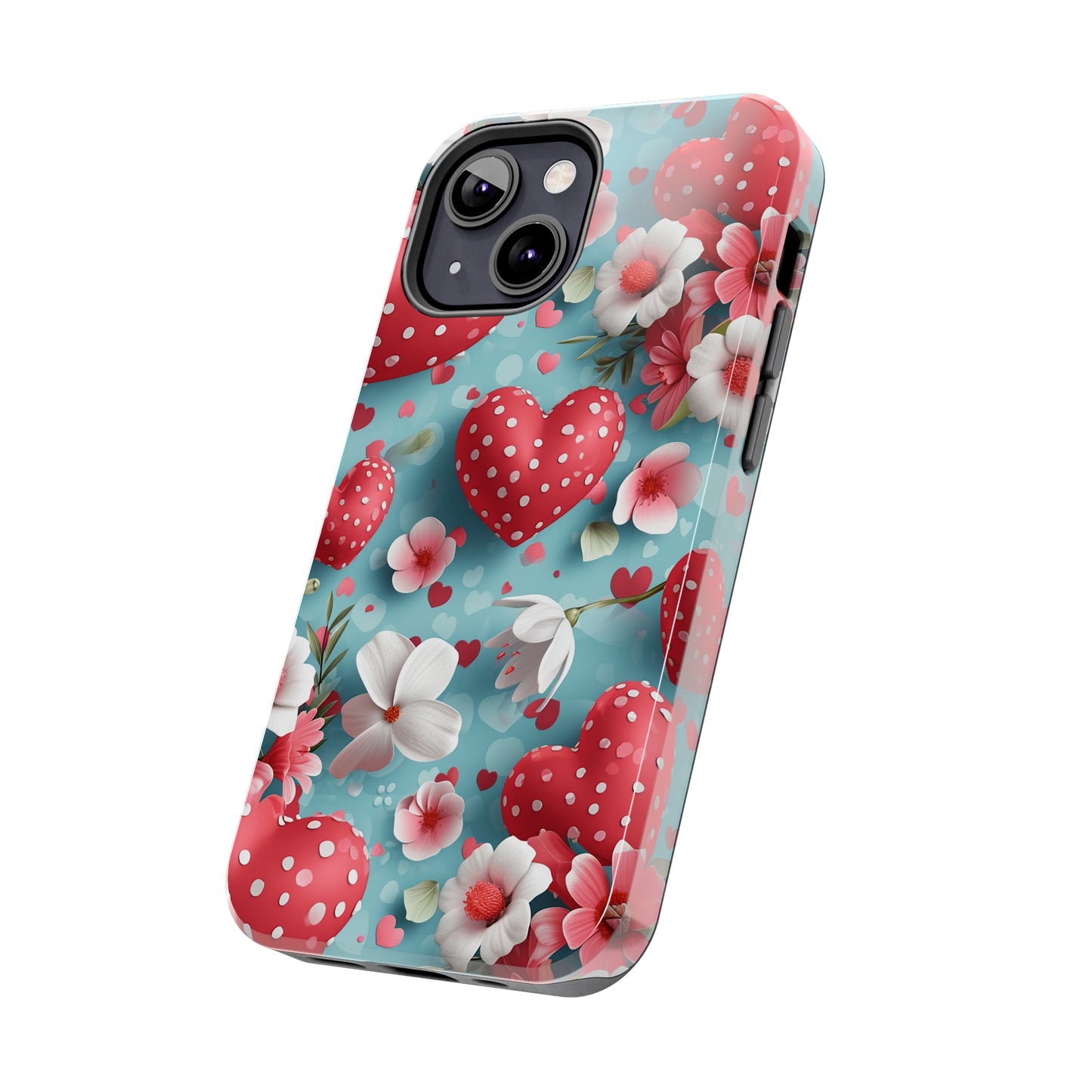 Pink White Flowers Red Hearts Digital print Design Tough Phone Case compatible with a large variety of iPhone models, Gift, Phone Case