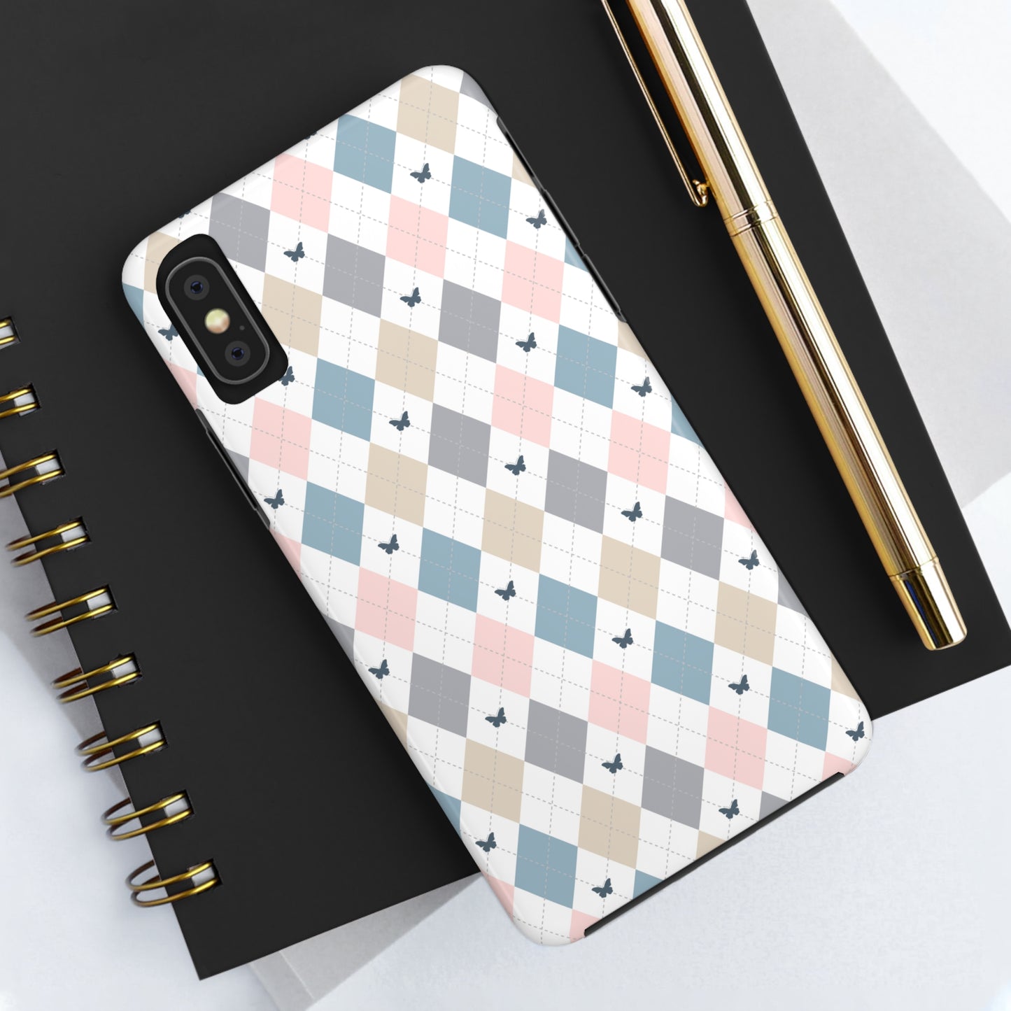 Argyle Pastel Plaid and Butterflies print design Tough Phone Case compatible with a large variety of iphone models