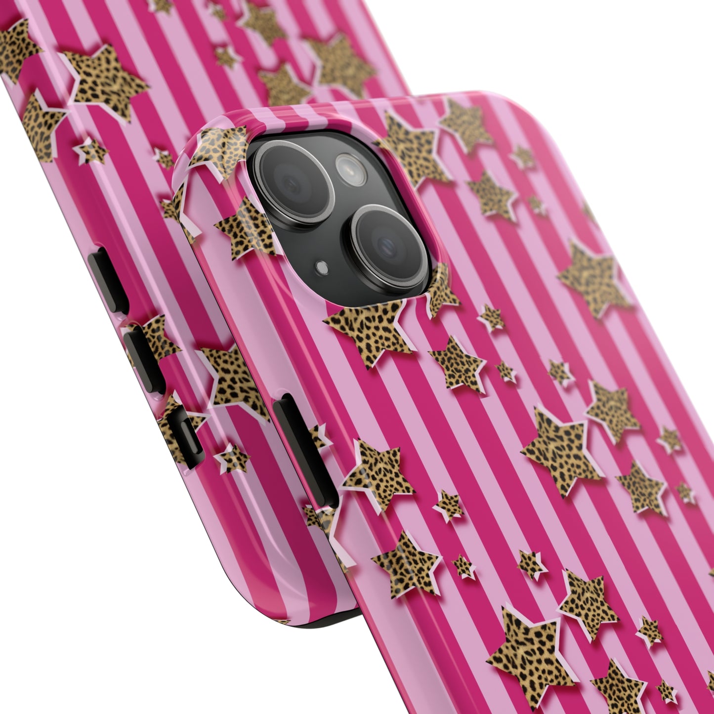 Girly Cheetah Stars and Pink Stripes Design Phone Case- Lightweight, Impact Resistant Cover for iPhone 6, 6s, 12, 13, 14, 15