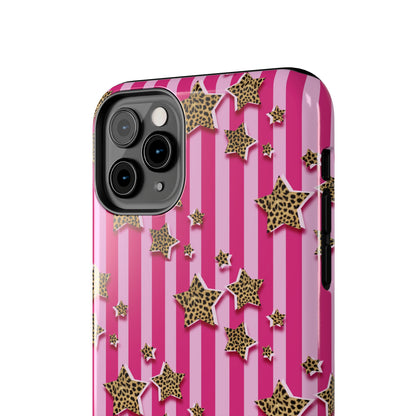 Girly Cheetah Stars and Pink Stripes Design Phone Case- Lightweight, Impact Resistant Cover for iPhone 6, 6s, 12, 13, 14, 15