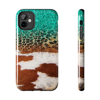 Western Cow Print, Teal, and Leopard print Design Phone Case- Lightweight, Impact Resistant Cover for iPhone 6, 6s, 12, 13, 14, 15