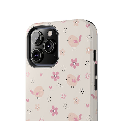 Cute Pink Birds and Flowers print design Tough Phone Case compatible with a large variety of iphone models