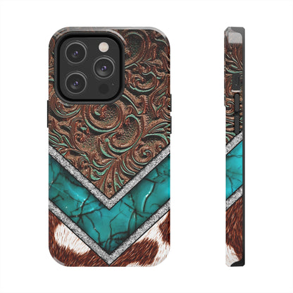 Western Cow Print, Faux Turquoise and Leather Digital print design Phone Case- Lightweight, Impact Resistant Cover for iPhone 6, 6s, 12, 13, 14, 15