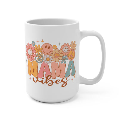 Mama Vibes Floral Peace Hippie Retro Coffee Mug, Mothers Day Gift, Boho Chic Drinkware, Colorful Flower Mug for Mom