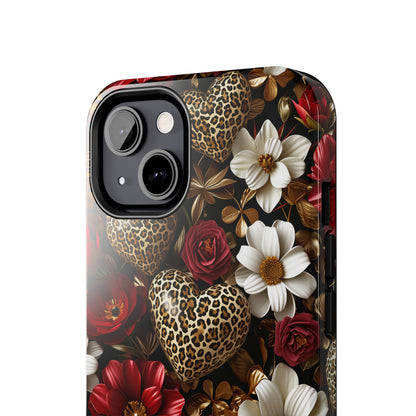 Red Gold Flowers Leopard Hearts Digital print Design Tough Phone Case compatible with a large variety of iPhone models, Gift, Phone Case