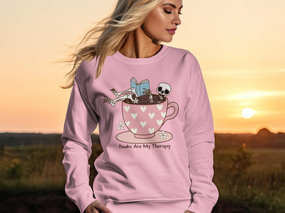 Skeleton Reading in Coffee Cup Sweatshirt, Cute Book Lover Graphic Pullover, Cozy Aesthetic Reader Apparel, Unisex Comfort Sweatshirt, Unisex Heavy Blend™ Crewneck Sweatshirt
