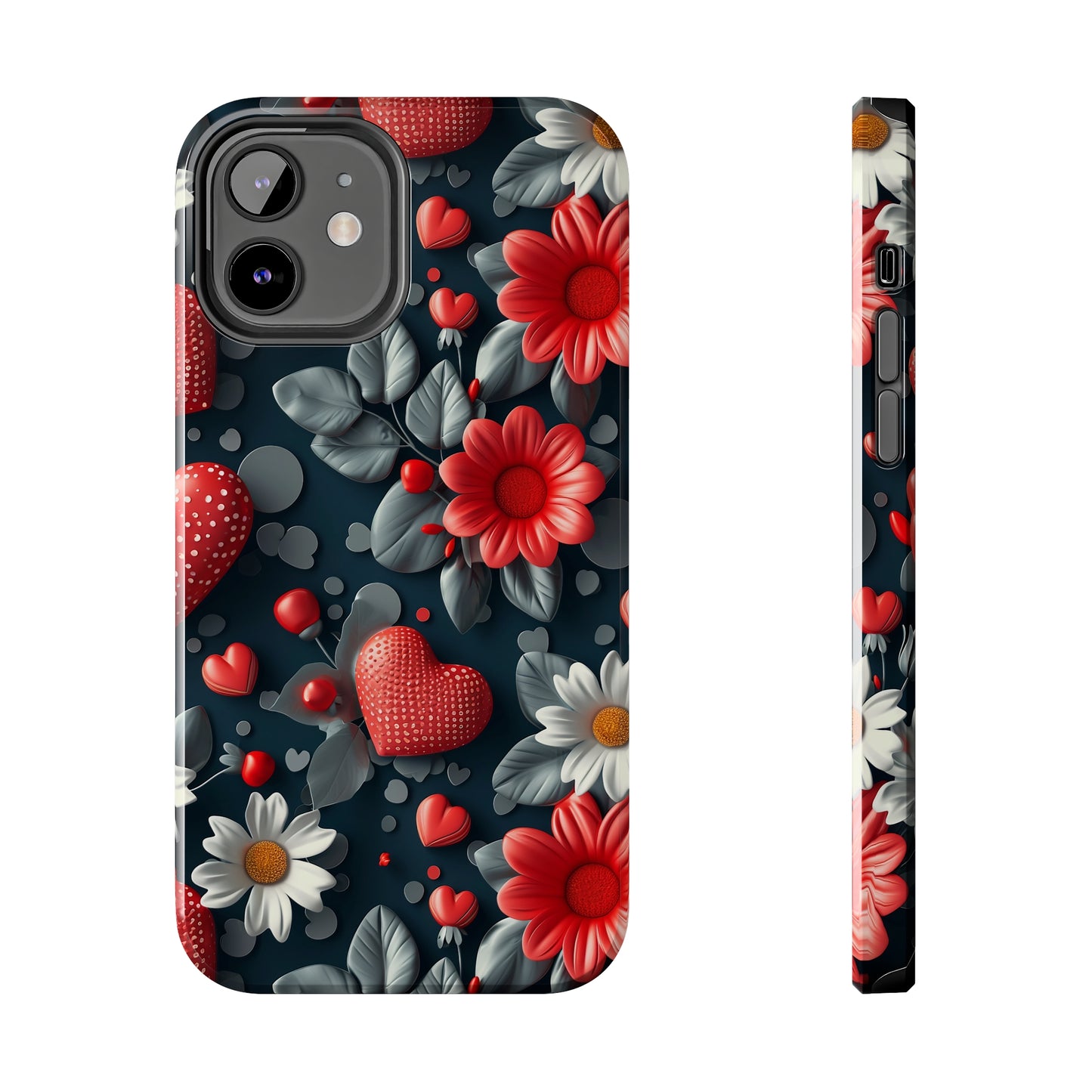 3D Flowers and Red Hearts Digital print Design Tough Phone Case compatible with a large variety of iPhone models, Gift, Phone Case