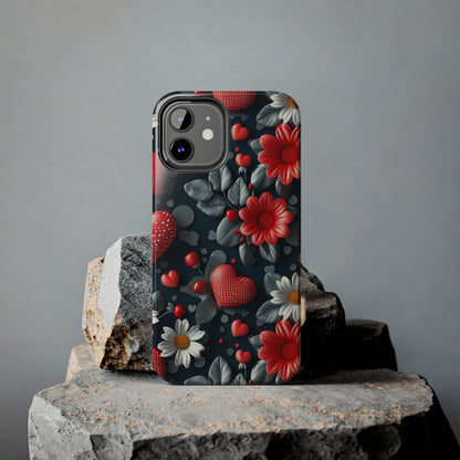 3D Flowers and Red Hearts Digital print Design Tough Phone Case compatible with a large variety of iPhone models, Gift, Phone Case