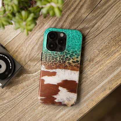 Western Cow Print, Teal, and Leopard print Design Phone Case- Lightweight, Impact Resistant Cover for iPhone 6, 6s, 12, 13, 14, 15