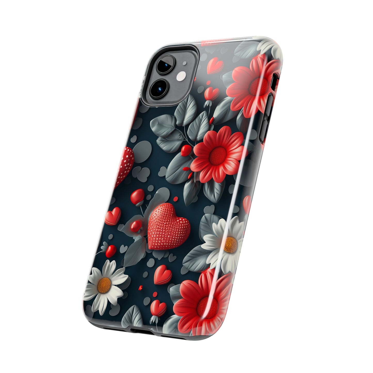 3D Flowers and Red Hearts Digital print Design Tough Phone Case compatible with a large variety of iPhone models, Gift, Phone Case