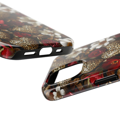 Red Gold Flowers Leopard Hearts Digital print Design Tough Phone Case compatible with a large variety of iPhone models, Gift, Phone Case