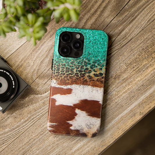 Western Cow Print, Teal, and Leopard print Design Phone Case- Lightweight, Impact Resistant Cover for iPhone 6, 6s, 12, 13, 14, 15