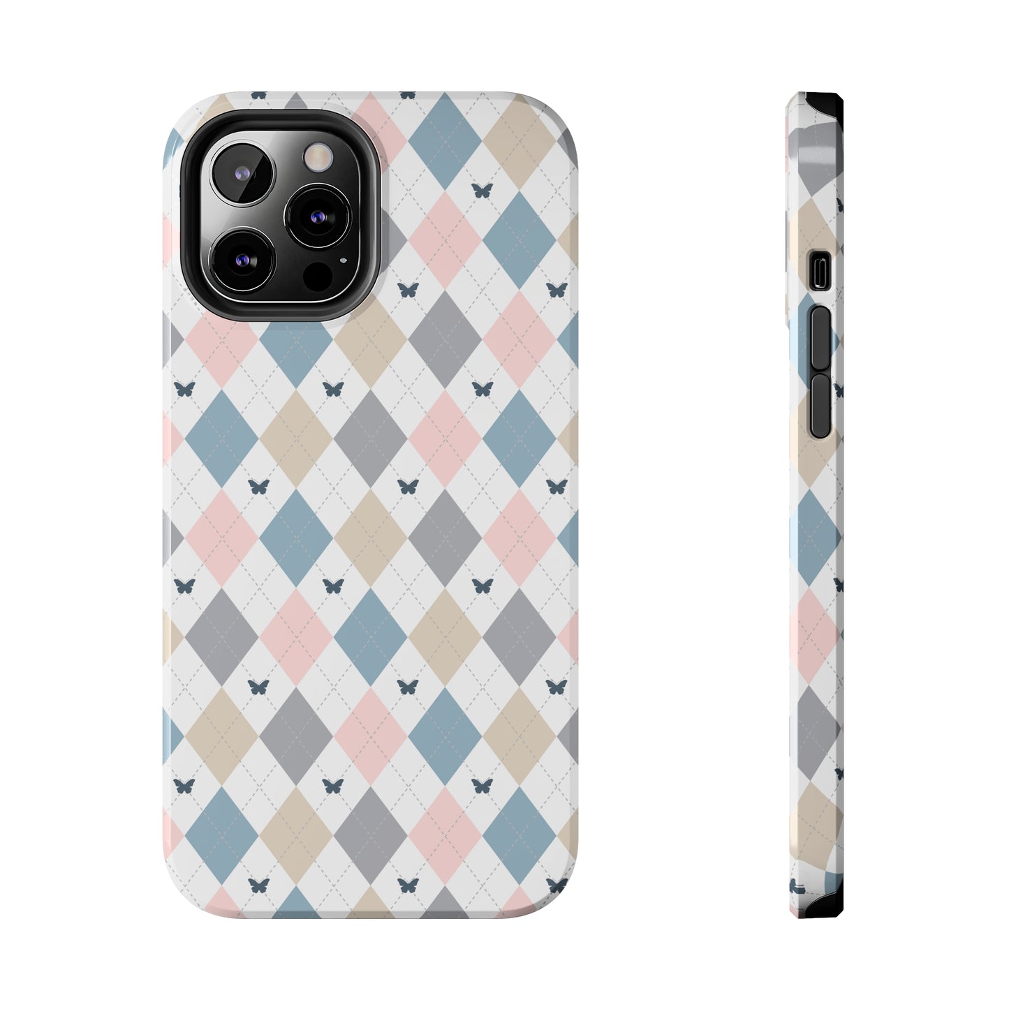 Argyle Pastel Plaid and Butterflies print design Tough Phone Case compatible with a large variety of iphone models