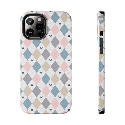 Argyle Pastel Plaid and Butterflies print design Tough Phone Case compatible with a large variety of iphone models