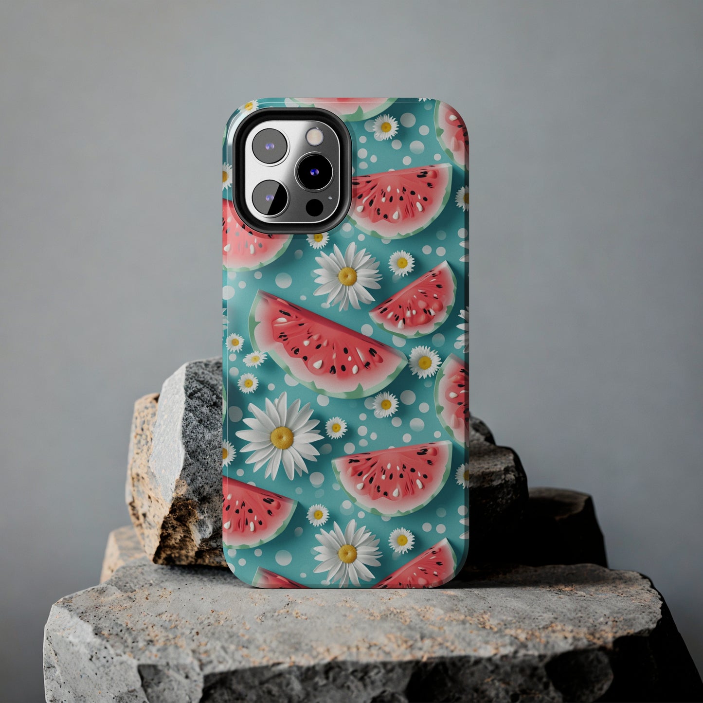 Watermelon Slices and Daisies Digital print Design Tough Phone Case compatible with a large variety of iPhone models, Gift, Phone Case