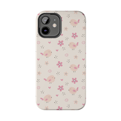 Cute Pink Birds and Flowers print design Tough Phone Case compatible with a large variety of iphone models