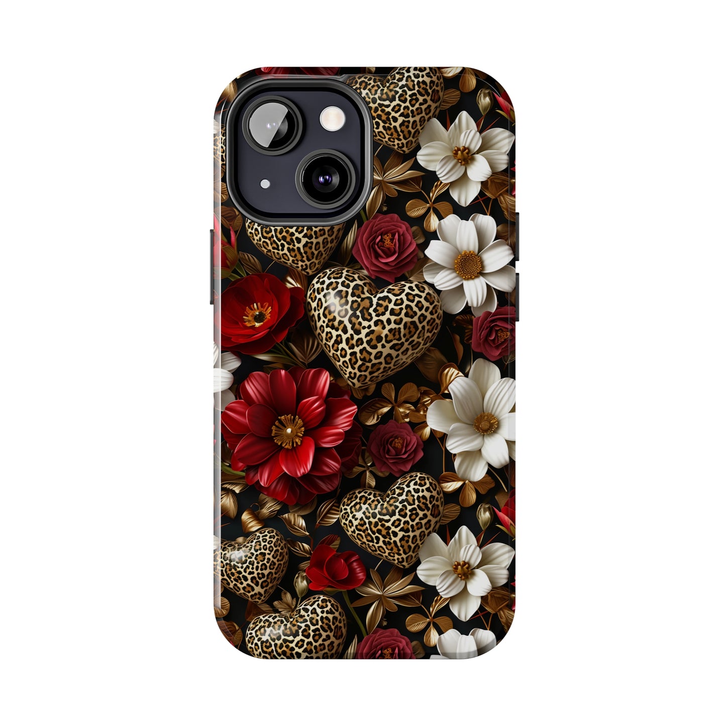 Red Gold Flowers Leopard Hearts Digital print Design Tough Phone Case compatible with a large variety of iPhone models, Gift, Phone Case