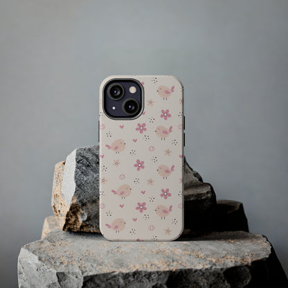 Cute Pink Birds and Flowers print design Tough Phone Case compatible with a large variety of iphone models