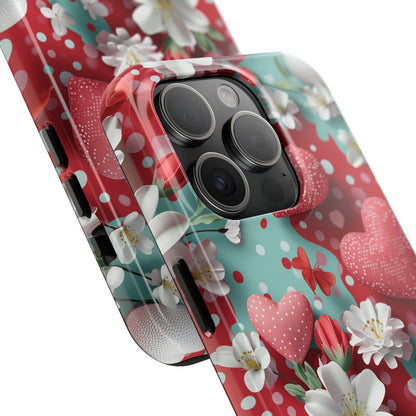 Polka Dot Hearts and Flowers Digital print Design Tough Phone Case compatible with a large variety of iPhone models, Gift, Phone Case