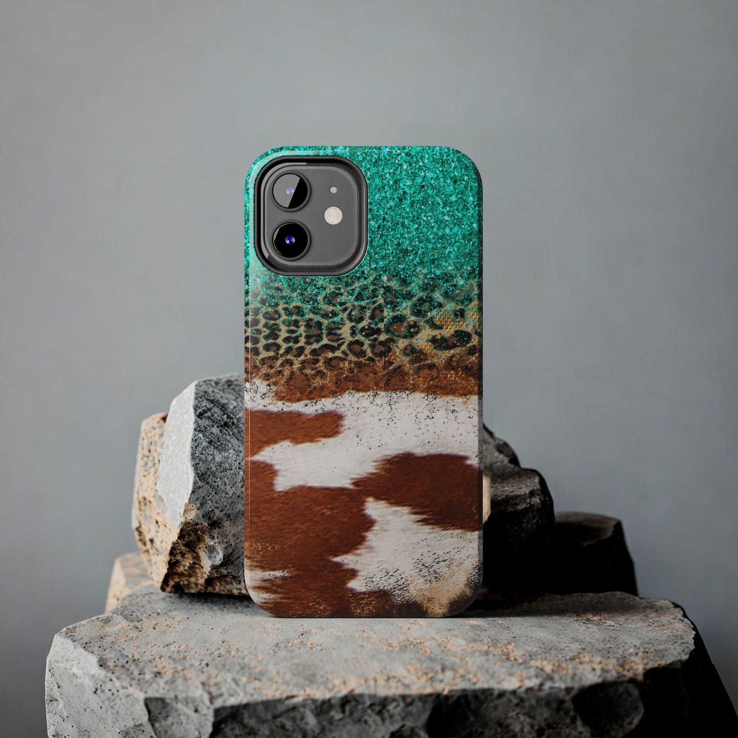 Western Cow Print, Teal, and Leopard print Design Phone Case- Lightweight, Impact Resistant Cover for iPhone 6, 6s, 12, 13, 14, 15