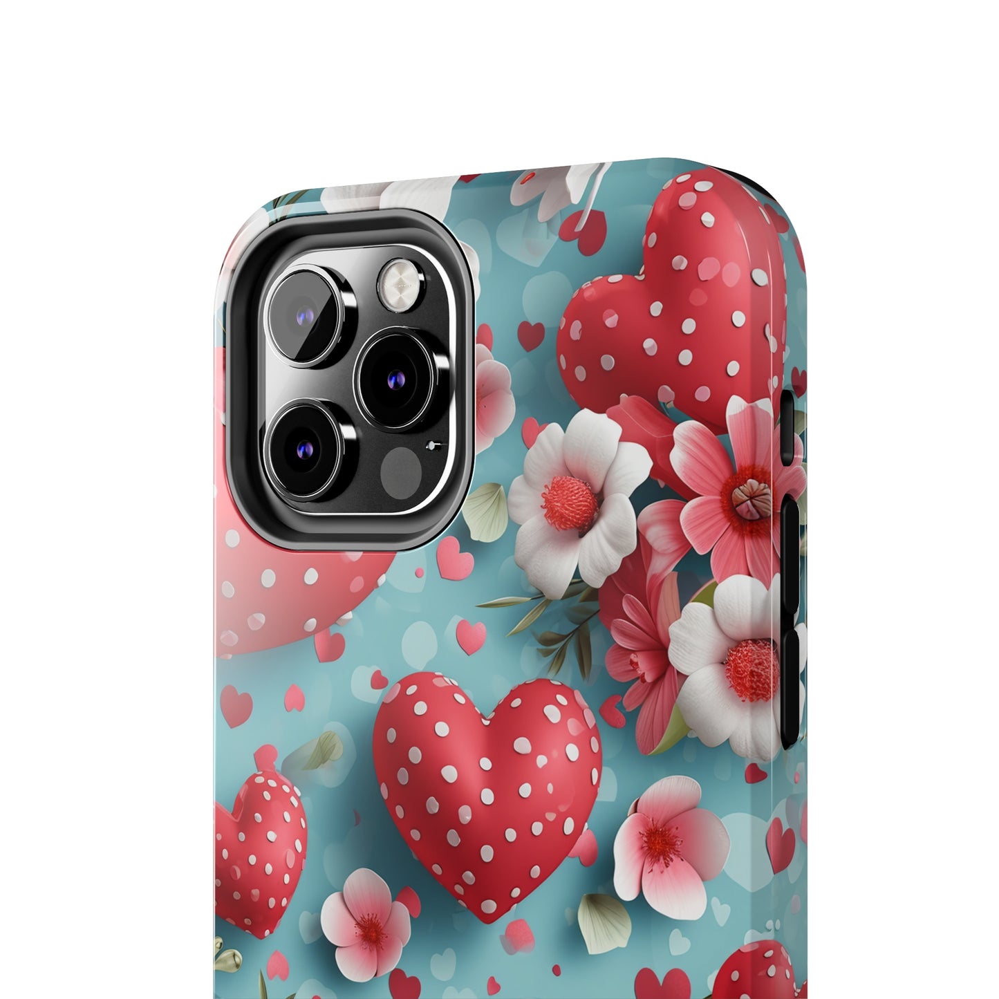 Pink White Flowers Red Hearts Digital print Design Tough Phone Case compatible with a large variety of iPhone models, Gift, Phone Case