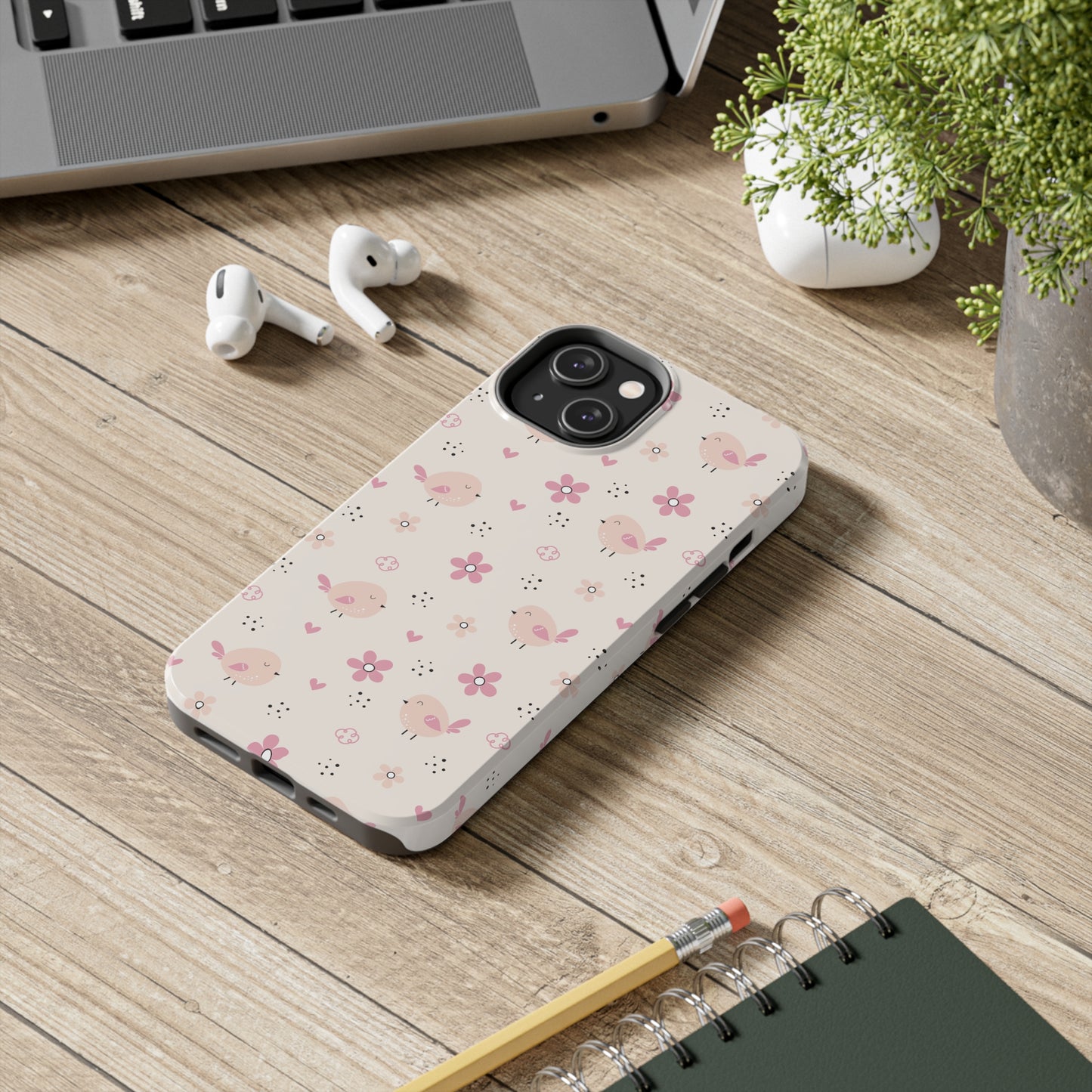 Cute Pink Birds and Flowers print design Tough Phone Case compatible with a large variety of iphone models