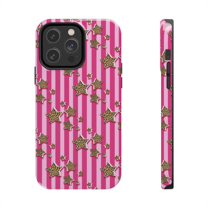 Girly Cheetah Stars and Pink Stripes Design Phone Case- Lightweight, Impact Resistant Cover for iPhone 6, 6s, 12, 13, 14, 15